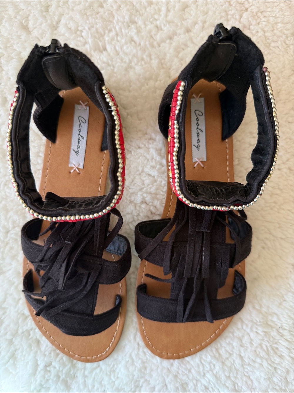 Coolway Black Fringe Ankle-Strap Sandals with Beaded Trim